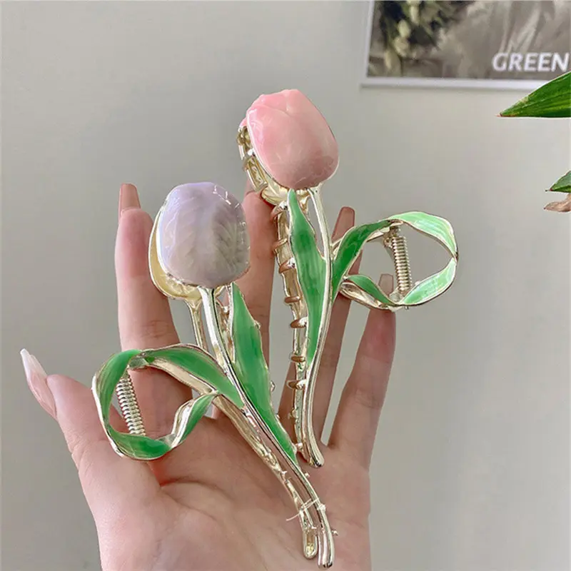 Fashion Metal Flower Hair Claw Elegant Multicolor Tulip Hairclip for Women Girls Makeup Washing Face Ponytail Bun Hairpins Gifts