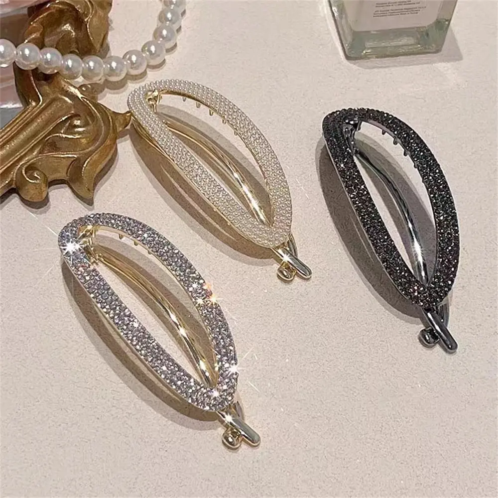 Fashion Luxury Imitation Pearl Rhinestone Hair Clip Geometric Oval Metal Hairpin Women Girls Makeup Bath Bangs Ponytail Hairgrip