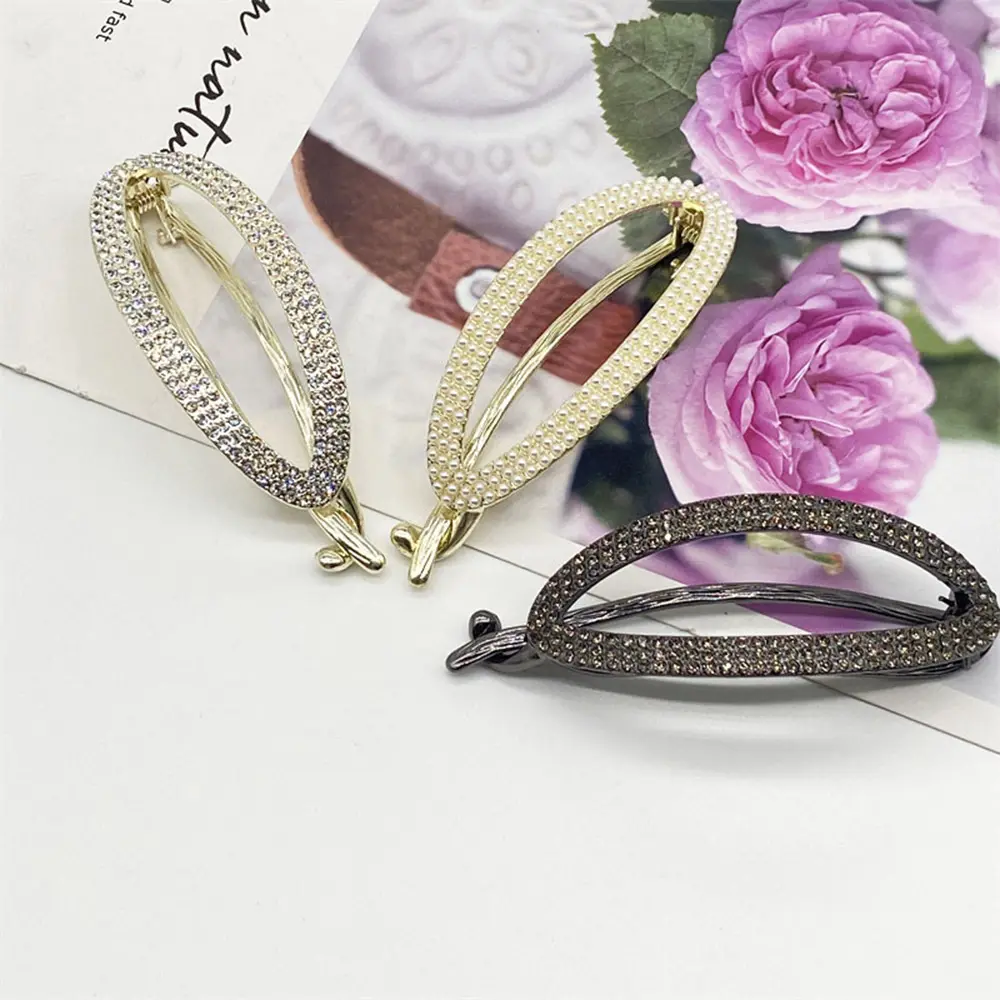 Fashion Luxury Imitation Pearl Rhinestone Hair Clip Geometric Oval Metal Hairpin Women Girls Makeup Bath Bangs Ponytail Hairgrip