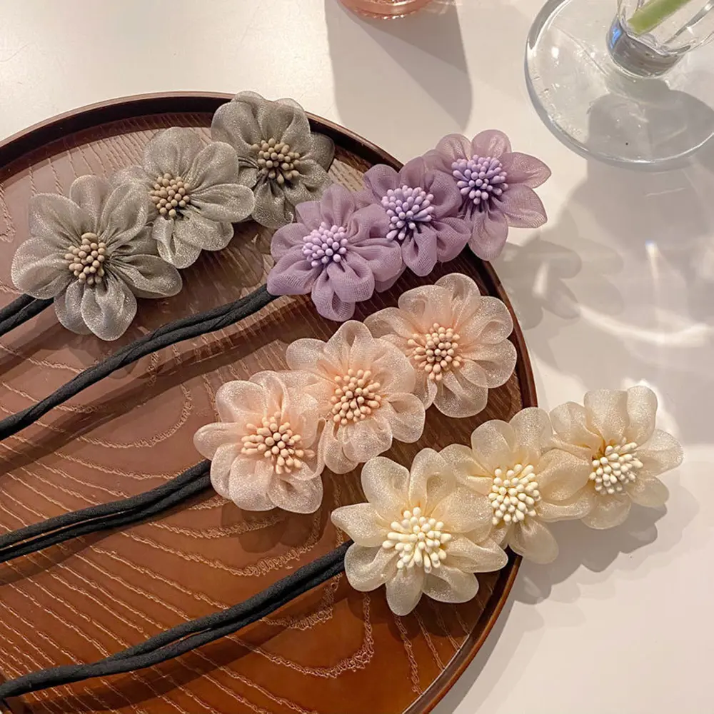 Fashion Donut Yarn Flower Scrunchies Elegant Multicolor Flower Hair Clip for Women Girls High Ponytail Bun Hairpin Birthday Gift