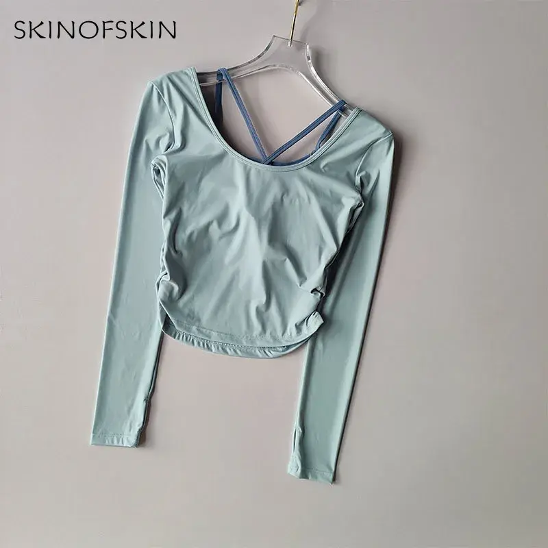 Color Blocking Integrated Cup Yoga Suit Top Sexy Back Long Sleeved T-shirt Tight Fitting and Slimming Fitness Suit External Wear