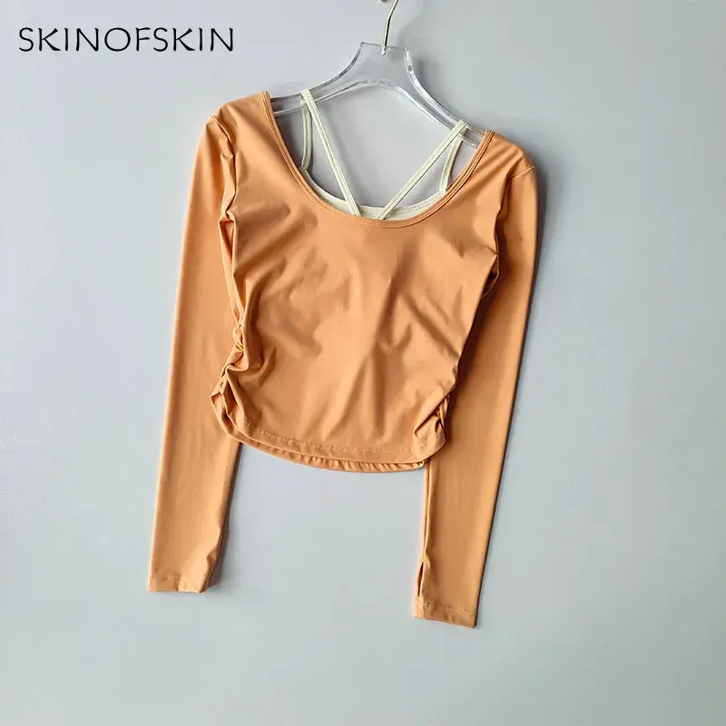 Color Blocking Integrated Cup Yoga Suit Top Sexy Back Long Sleeved T-shirt Tight Fitting and Slimming Fitness Suit External Wear