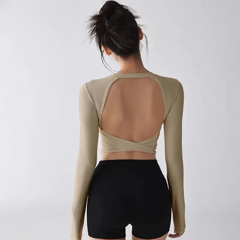 New Yoga Long-sleeved Women's Fixed Chest Pad with Sexy Backless Sports Waist-hugging and Slimming Bodysuit Top T-shirts