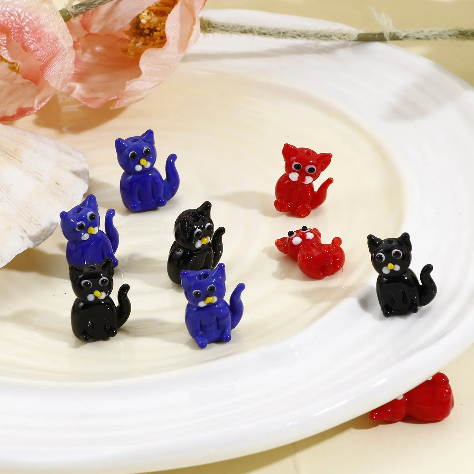 3D Lampwork Glass Beads For DIY Charm Jewelry Making Cat Animal Multicolor Beads About 19mm x 14mm, Hole: Approx 1.6mm, 2 PCs