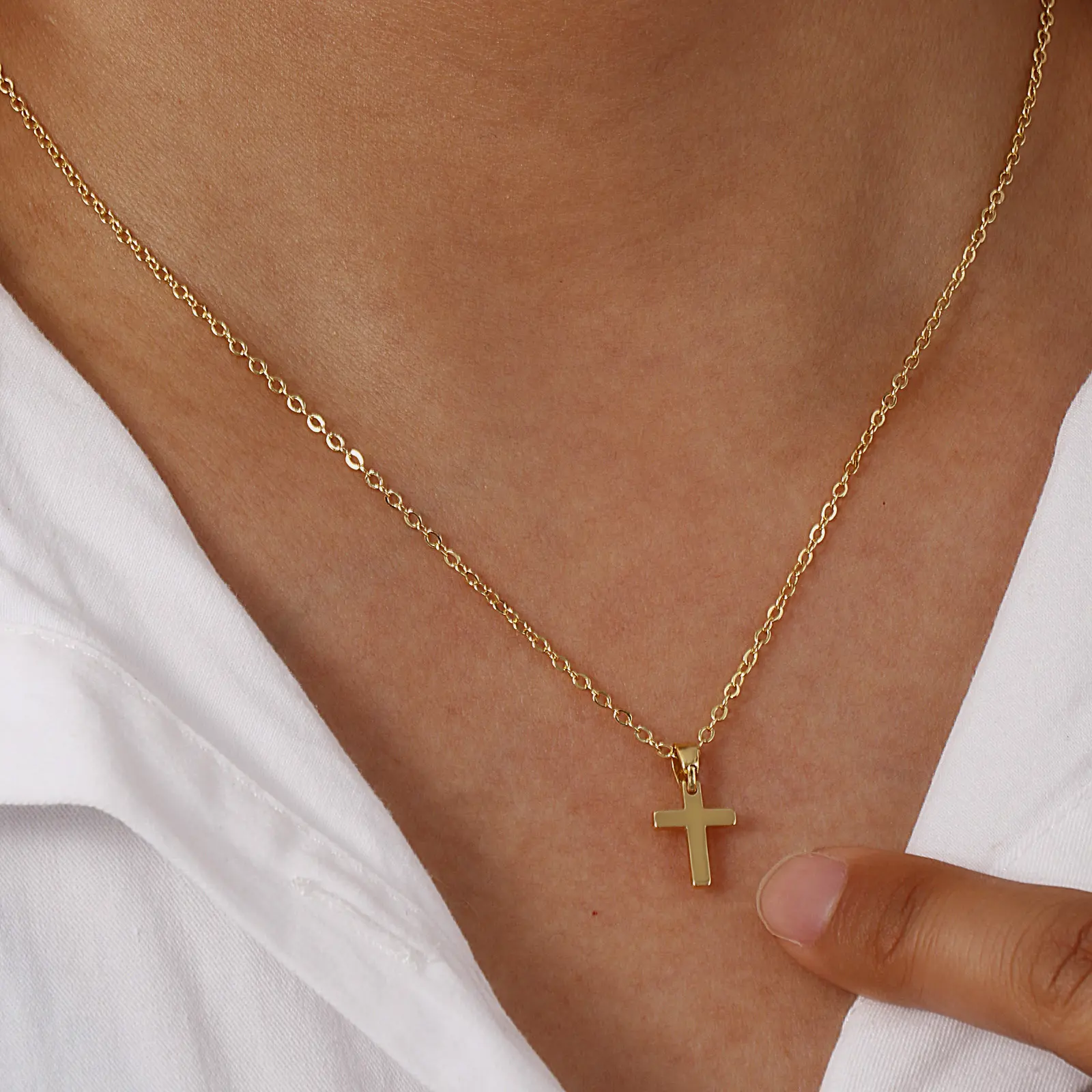 Hot Religious Cross Pendant Necklace 18K Real Gold Plated Brass Link Cable Chain Minimalist Necklaces Unisex Female Choker Gifts