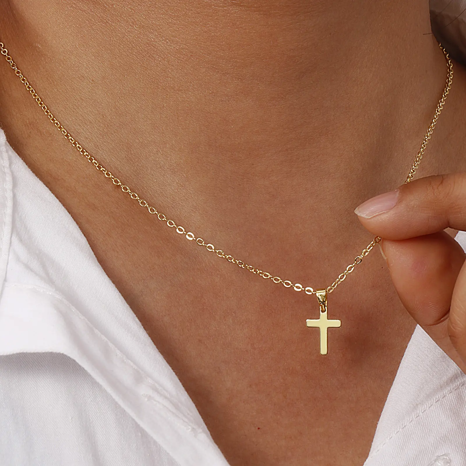 Hot Religious Cross Pendant Necklace 18K Real Gold Plated Brass Link Cable Chain Minimalist Necklaces Unisex Female Choker Gifts
