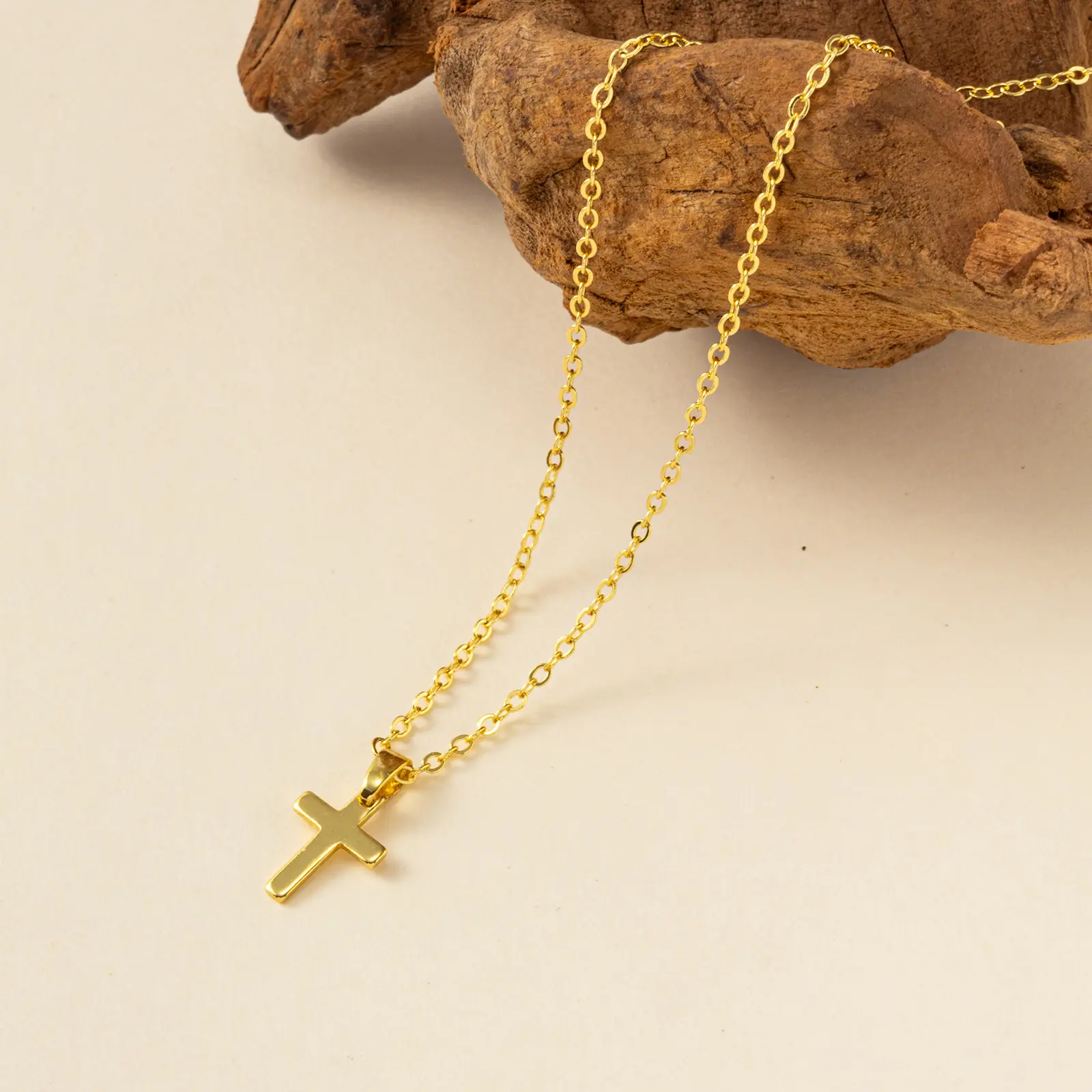 Hot Religious Cross Pendant Necklace 18K Real Gold Plated Brass Link Cable Chain Minimalist Necklaces Unisex Female Choker Gifts