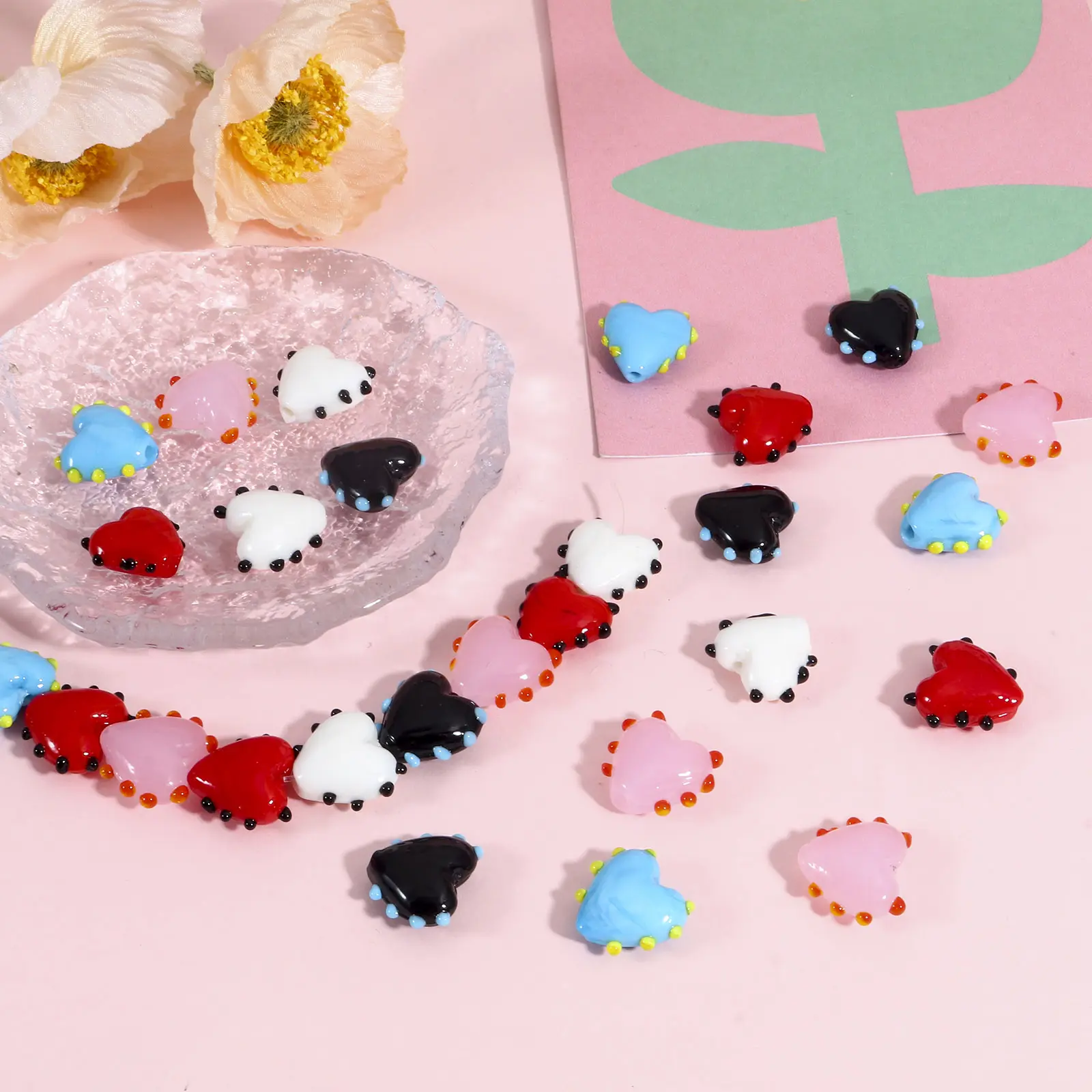 2PCs Lampwork Glass Beads Sweet Heart Multicolor Dot Spacer Beads For DIY Jewelry Making Necklace Bracelets About 16mm x 16mm