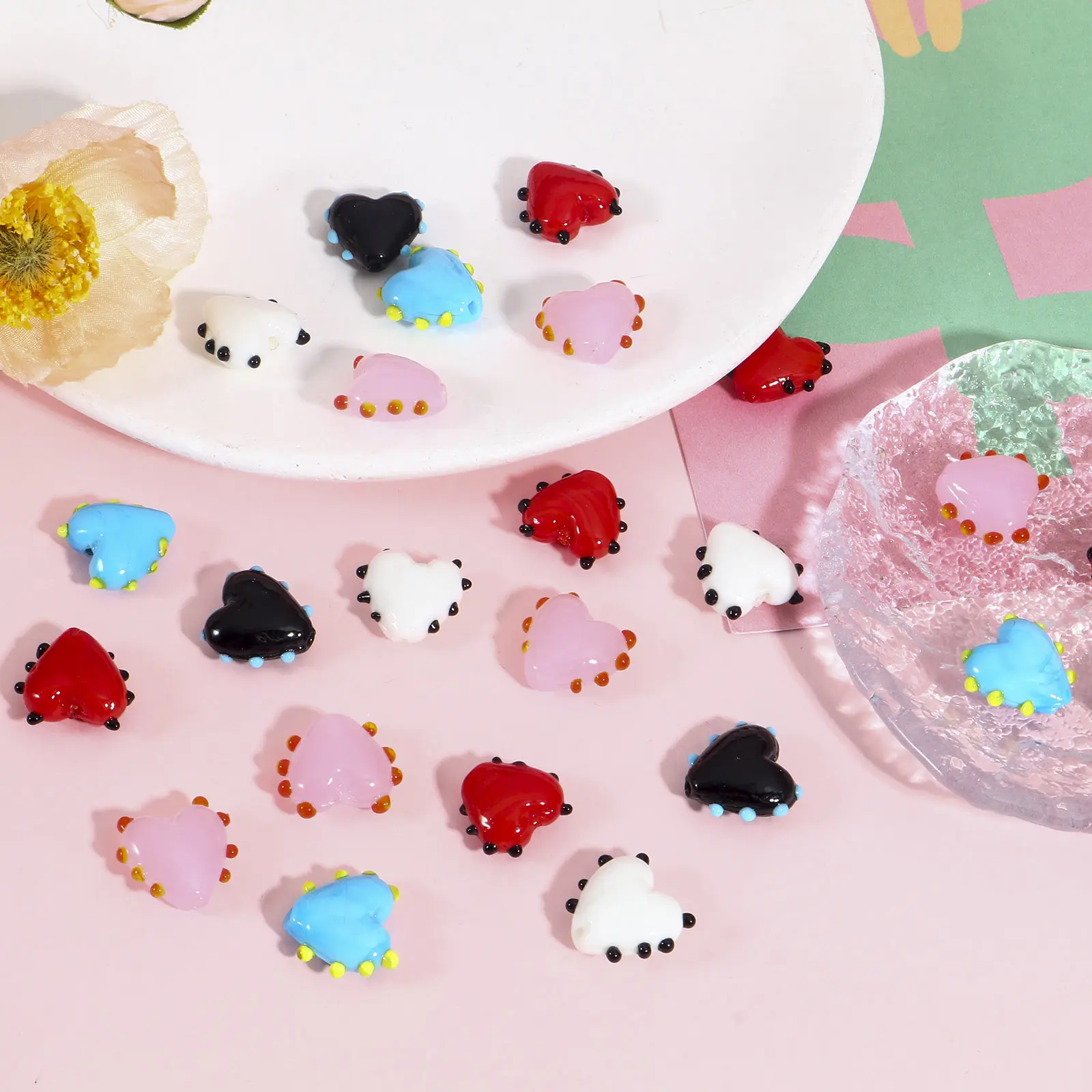 2PCs Lampwork Glass Beads Sweet Heart Multicolor Dot Spacer Beads For DIY Jewelry Making Necklace Bracelets About 16mm x 16mm