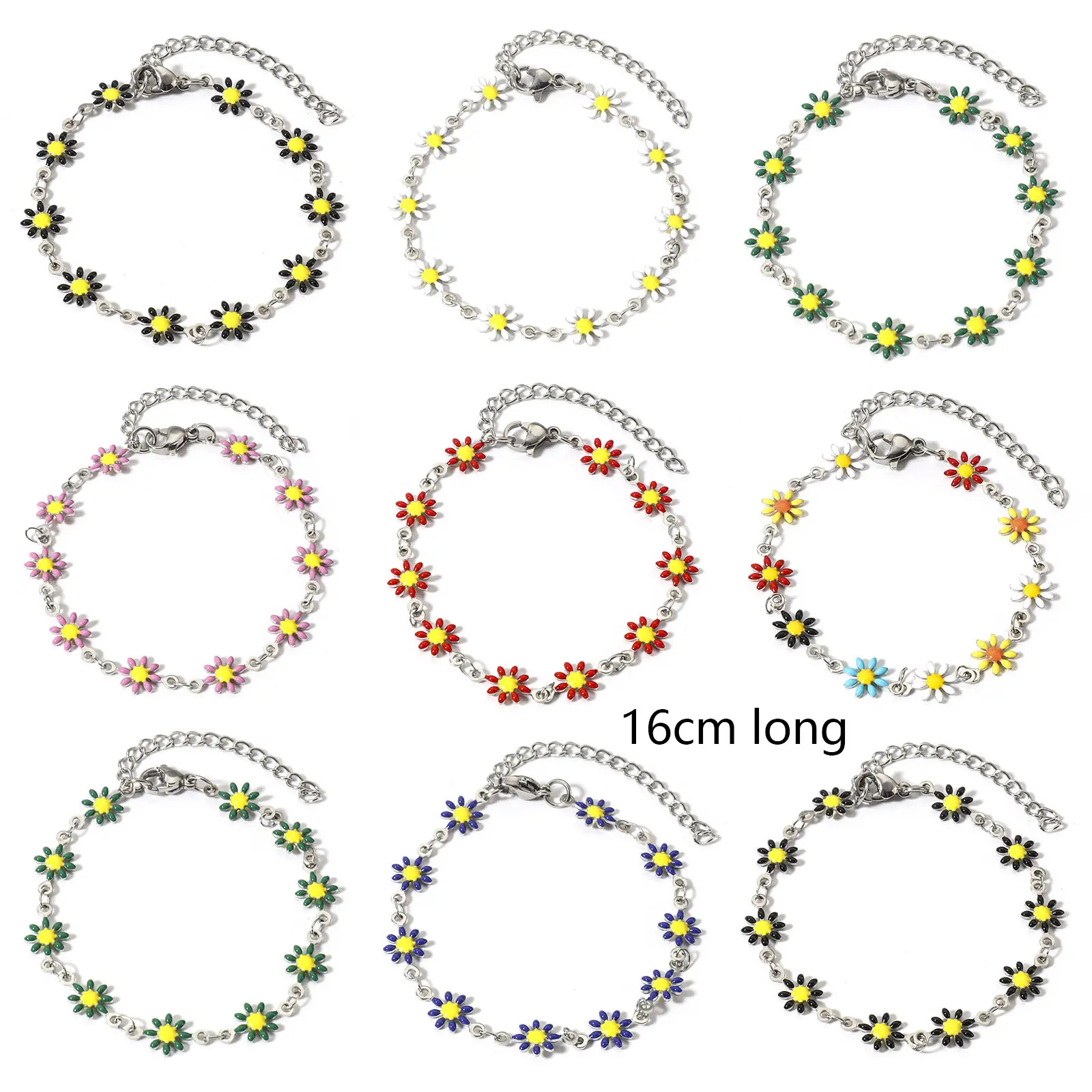 1 Piece 304 Stainless Steel Bracelets Silver Color Daisy Flower Double-sided Enamel Charms Bracelet For Women 16cm(6 2/8") long