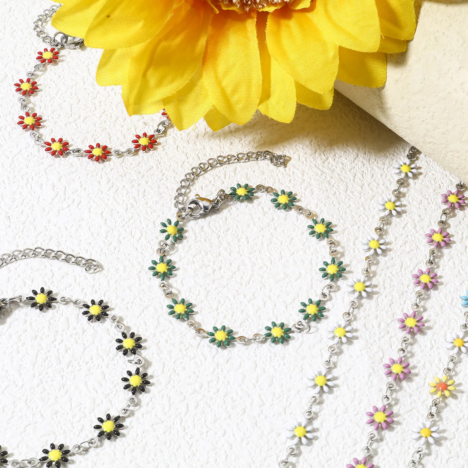1 Piece 304 Stainless Steel Bracelets Silver Color Daisy Flower Double-sided Enamel Charms Bracelet For Women 16cm(6 2/8") long