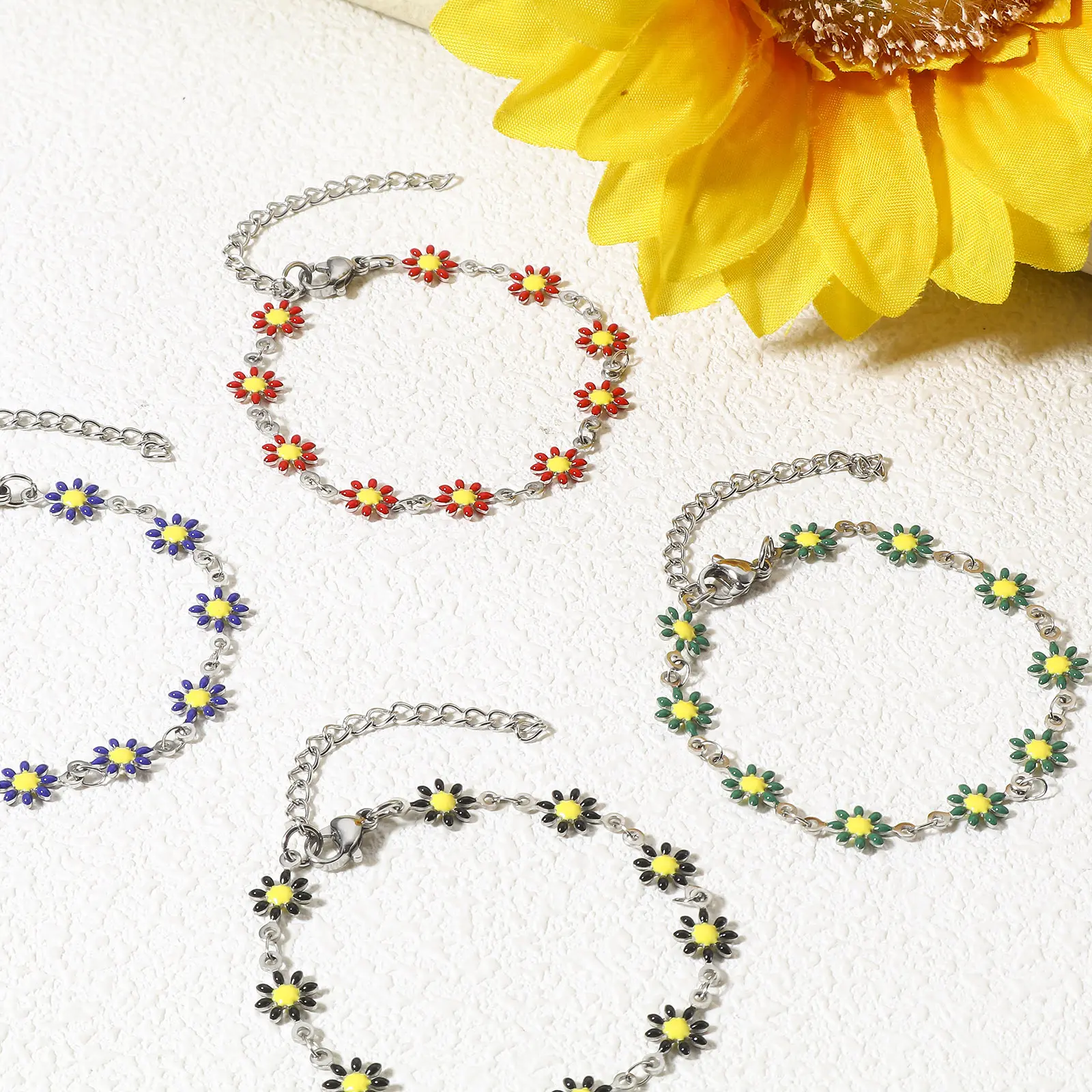 1 Piece 304 Stainless Steel Bracelets Silver Color Daisy Flower Double-sided Enamel Charms Bracelet For Women 16cm(6 2/8") long