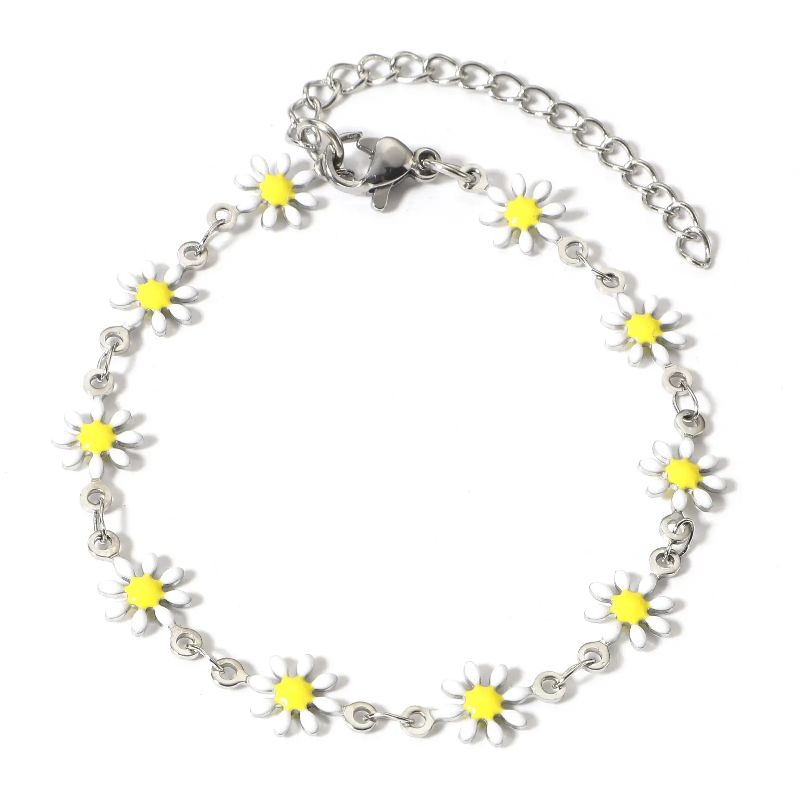 1 Piece 304 Stainless Steel Bracelets Silver Color Daisy Flower Double-sided Enamel Charms Bracelet For Women 16cm(6 2/8") long