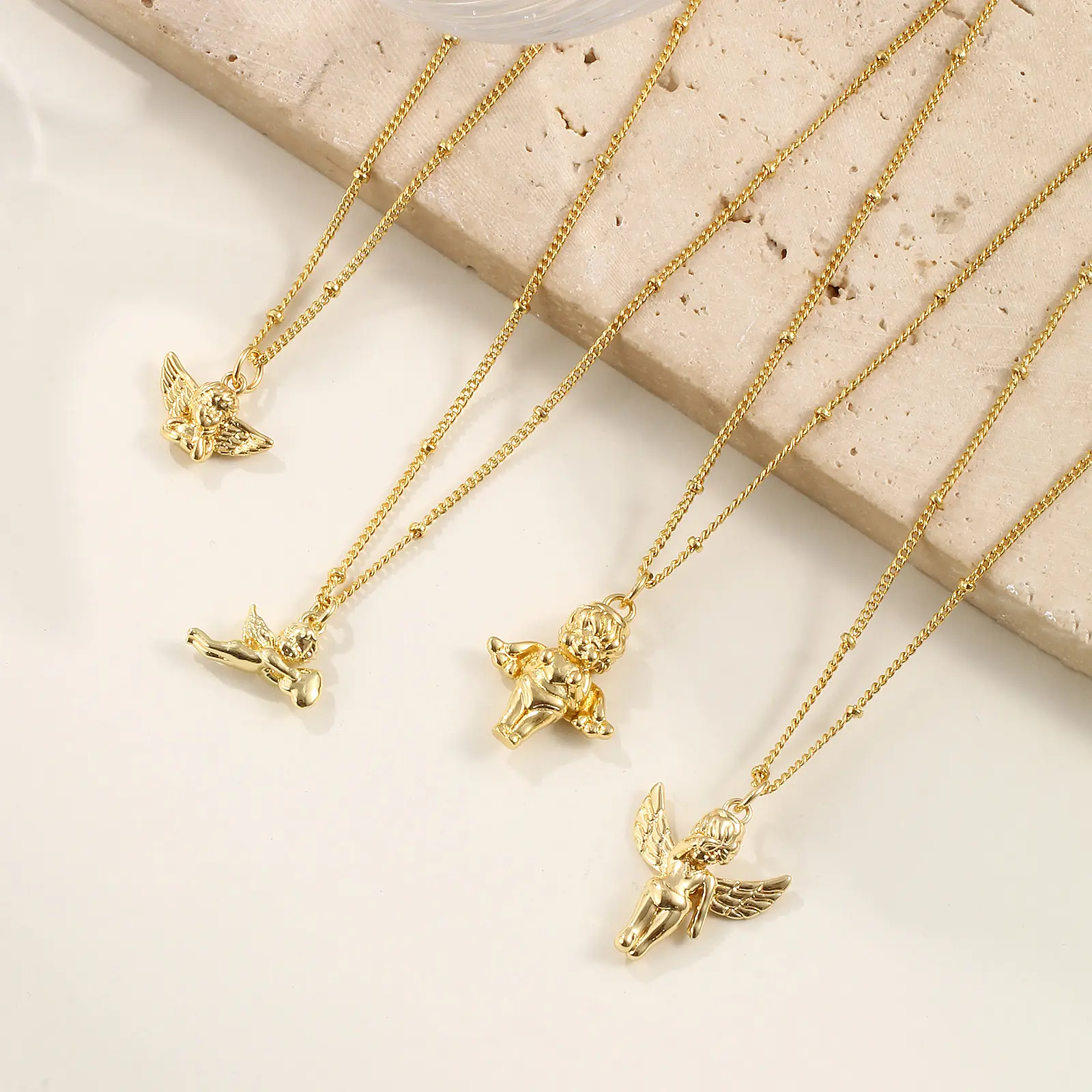 1 Piece 3D Angel Pendant Necklace 18K Real Gold Plated Brass Curb Link Chain Retro Jewelry For Women Party Gift 45cm + 5cm long