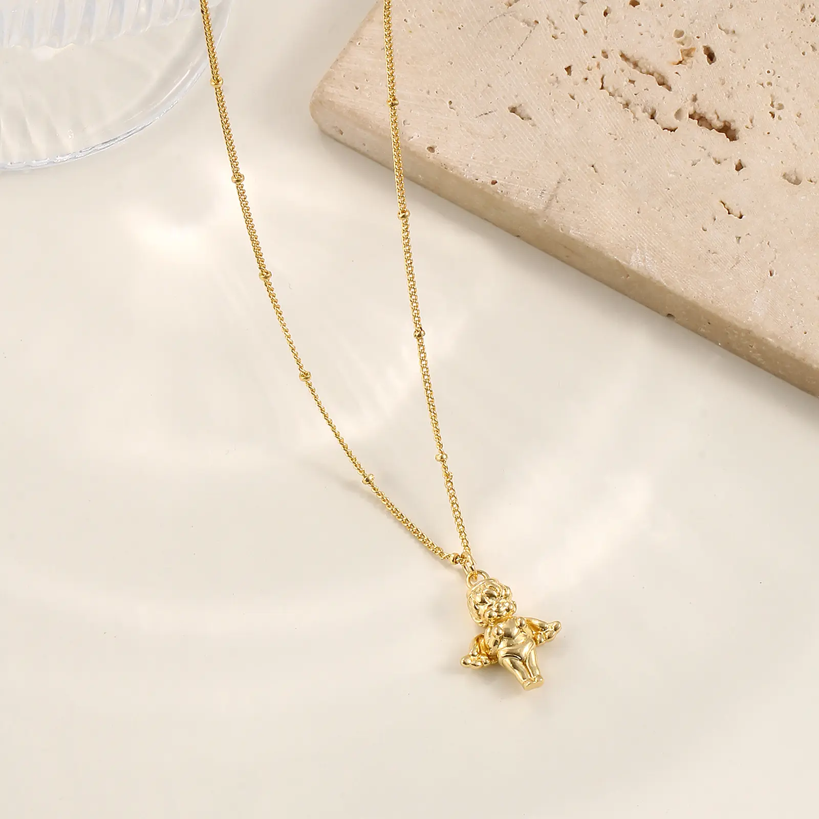 1 Piece 3D Angel Pendant Necklace 18K Real Gold Plated Brass Curb Link Chain Retro Jewelry For Women Party Gift 45cm + 5cm long