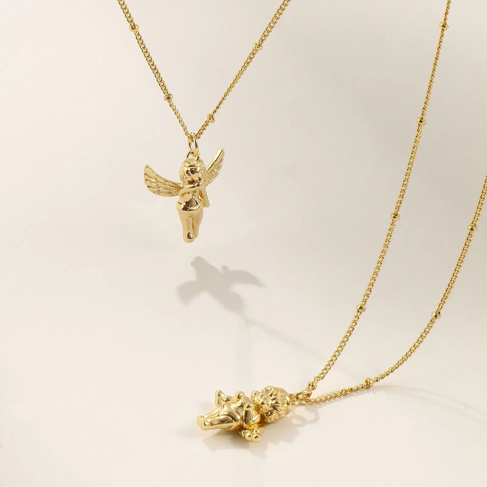 1 Piece 3D Angel Pendant Necklace 18K Real Gold Plated Brass Curb Link Chain Retro Jewelry For Women Party Gift 45cm + 5cm long