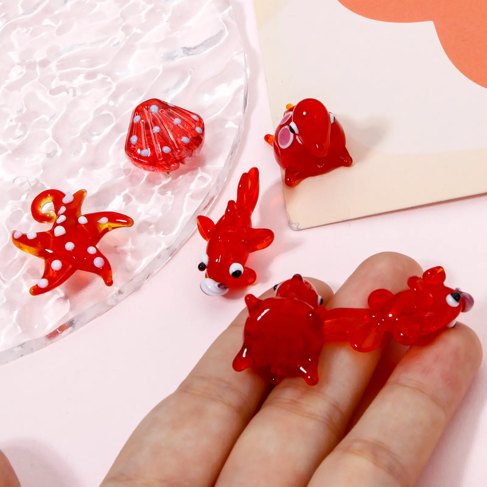 2-5PCs 3D Lampwork Glass Ocean Jewelry Beads Red Turtle Goldfish Starfish Shell Spacer Beads Neckalce Making Ornaments Aquarium