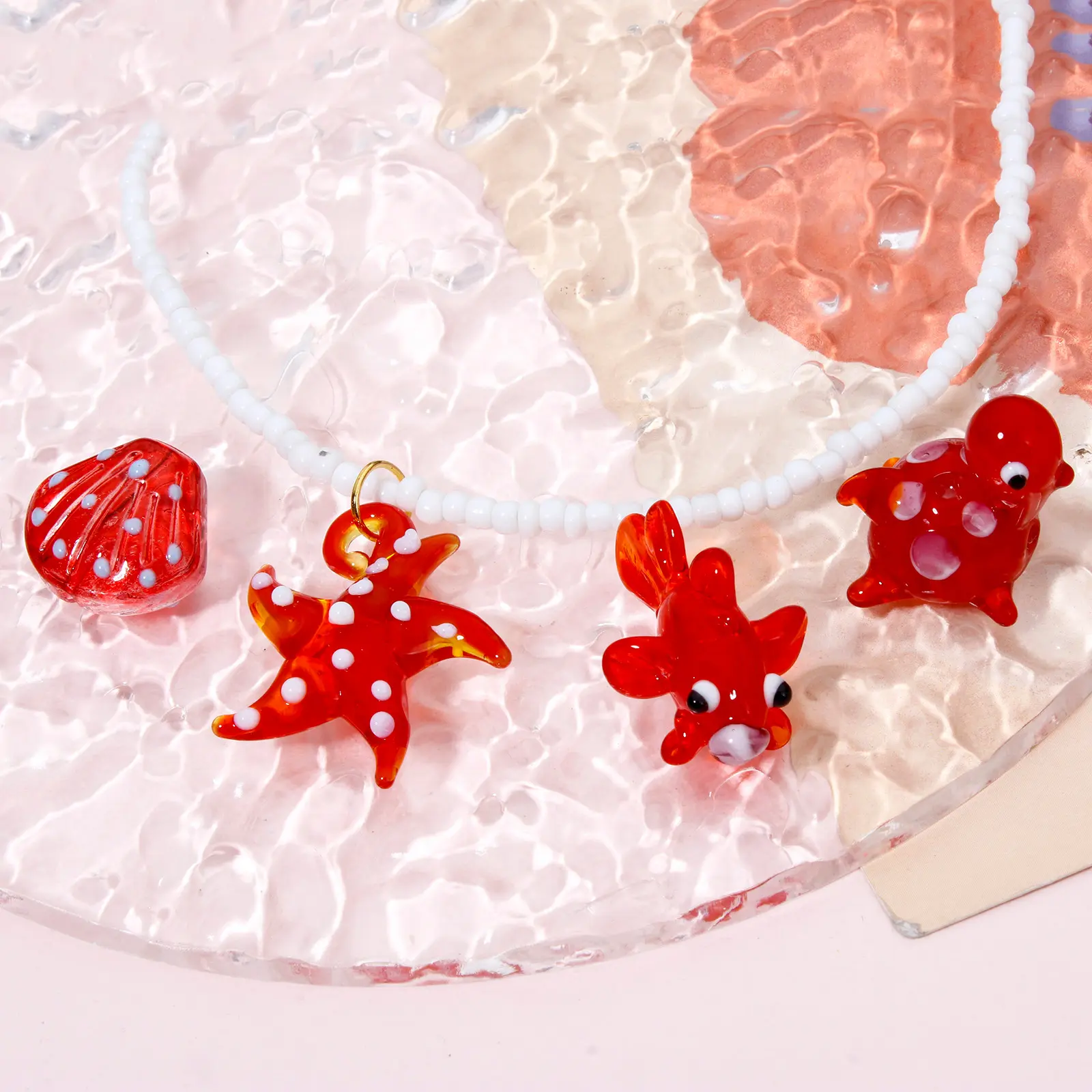 2-5PCs 3D Lampwork Glass Ocean Jewelry Beads Red Turtle Goldfish Starfish Shell Spacer Beads Neckalce Making Ornaments Aquarium