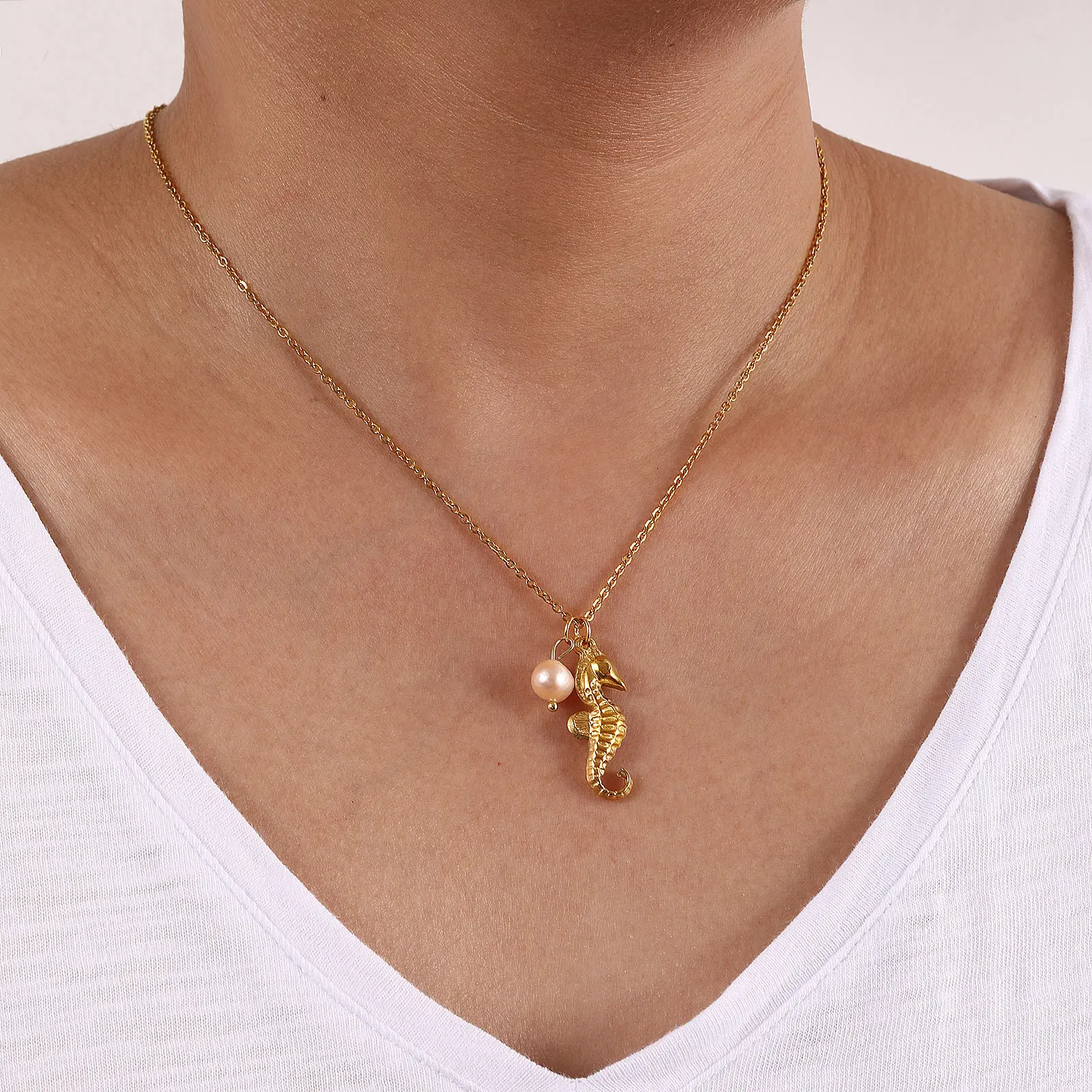 Ocean Jewelry Necklace 18K Real Gold Plated 304 Stainless Steel & Natural Pearl Link Cable Chain Pendant Necklace For Women Gift