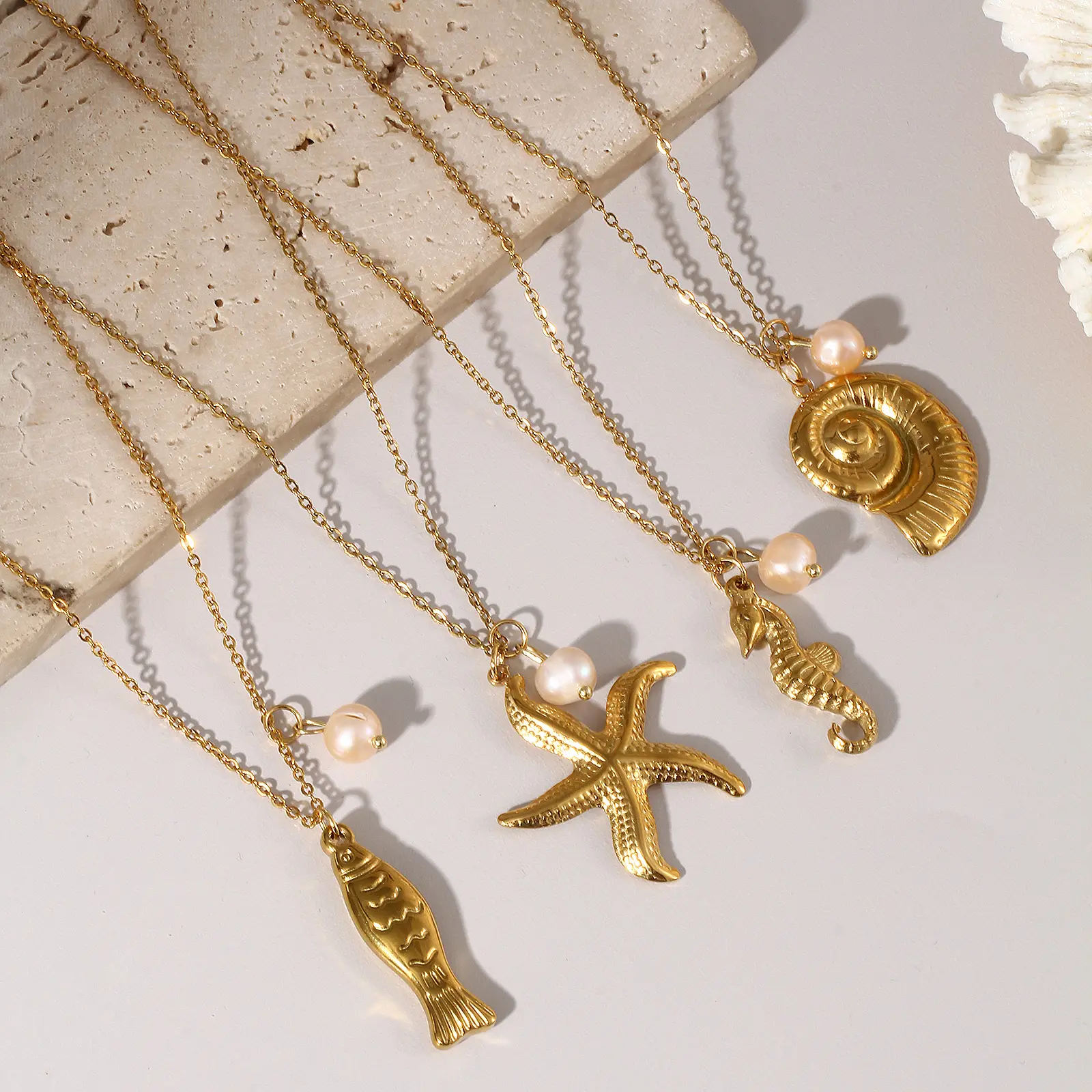 Ocean Jewelry Necklace 18K Real Gold Plated 304 Stainless Steel & Natural Pearl Link Cable Chain Pendant Necklace For Women Gift