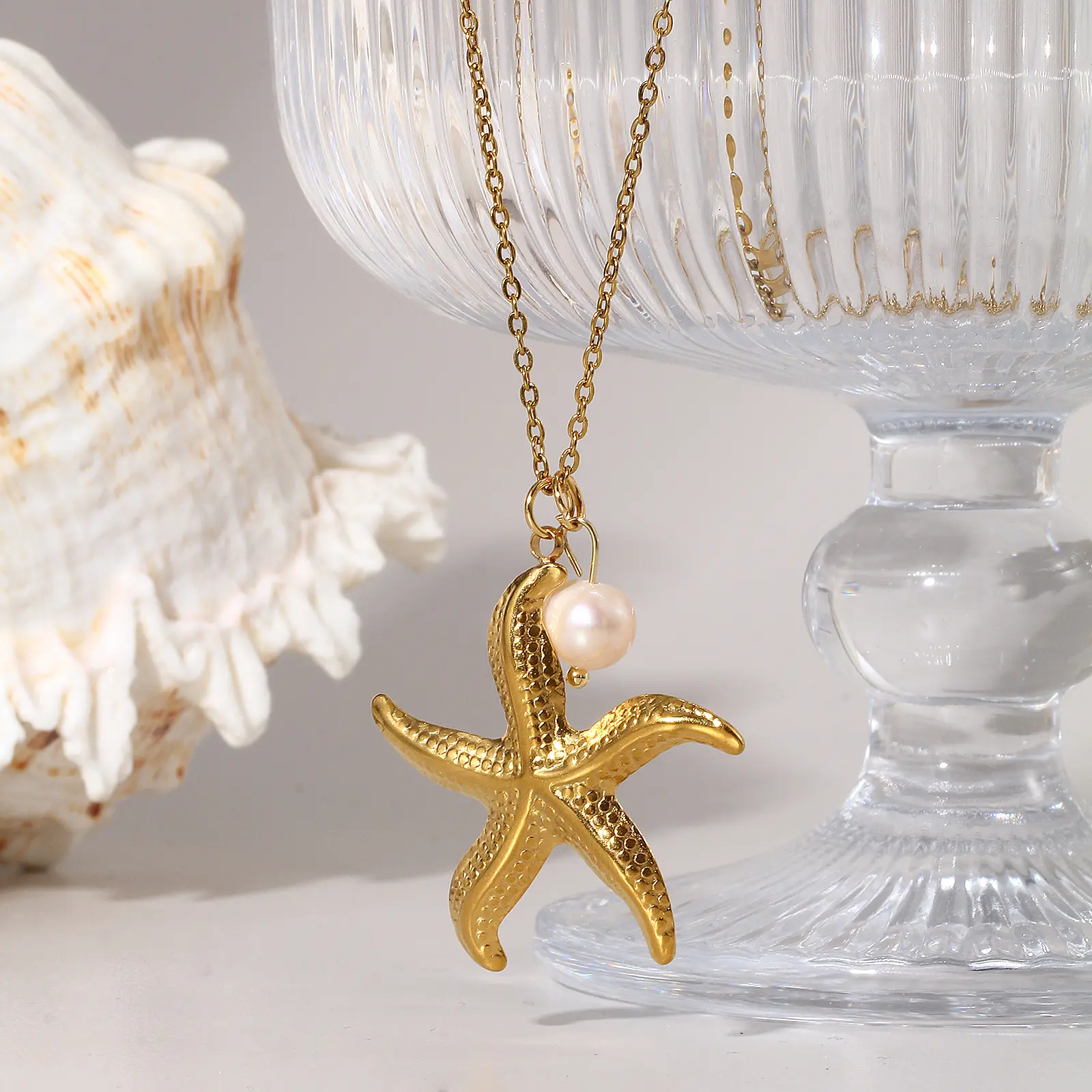 Ocean Jewelry Necklace 18K Real Gold Plated 304 Stainless Steel & Natural Pearl Link Cable Chain Pendant Necklace For Women Gift