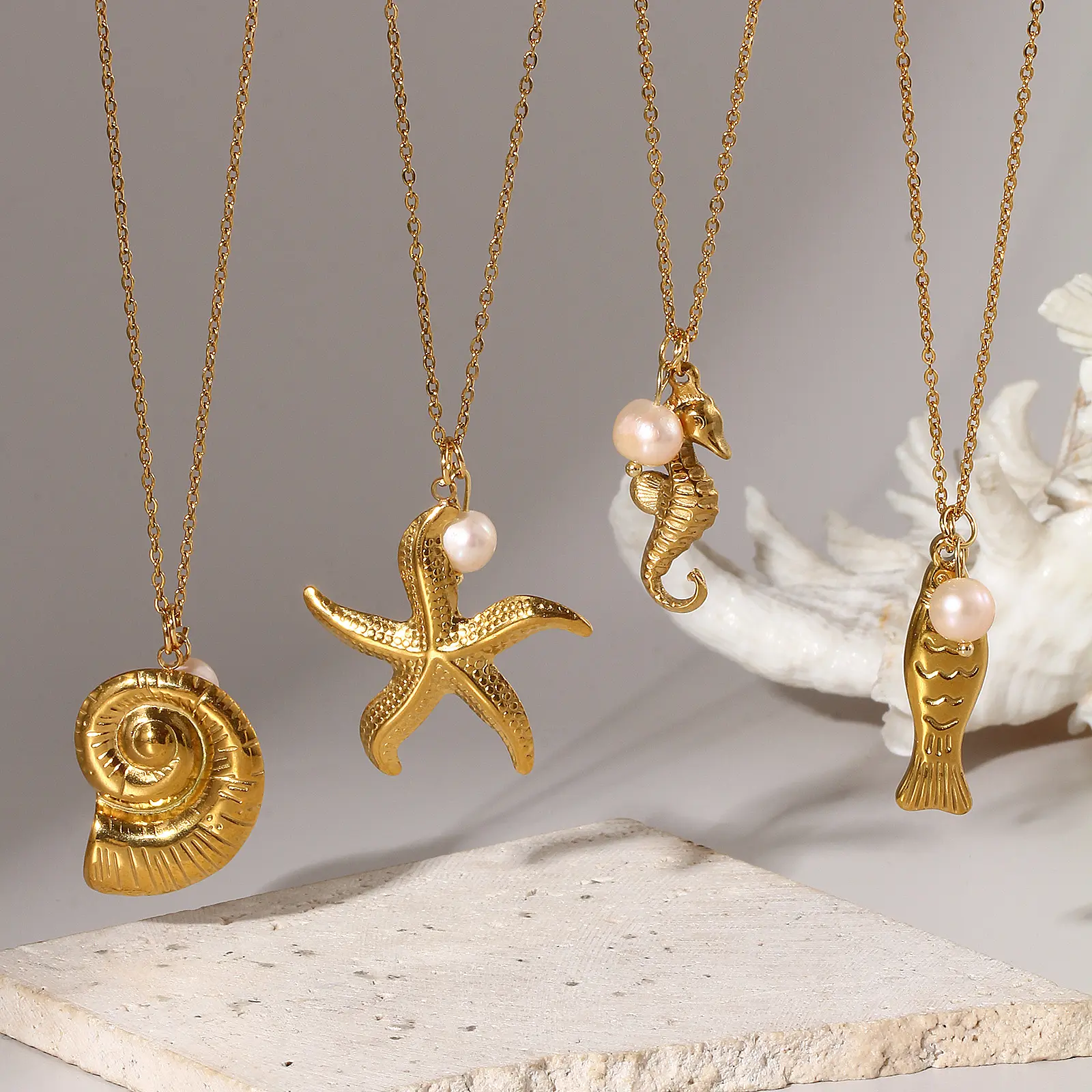Ocean Jewelry Necklace 18K Real Gold Plated 304 Stainless Steel & Natural Pearl Link Cable Chain Pendant Necklace For Women Gift