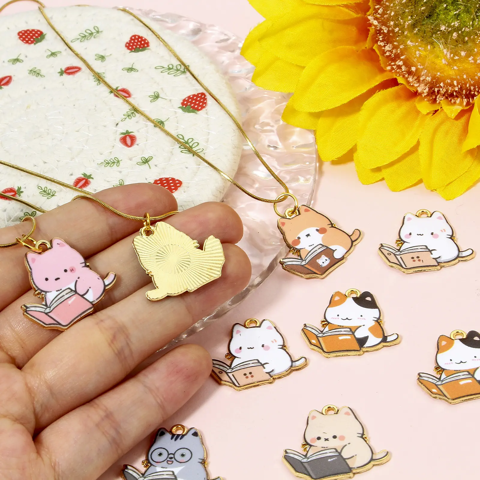 10 PCs Zinc Based Alloy Charms Gold Color Multicolor Book Cat Enamel For DIY Hademake Necklace Jewelry Findings 25mm x 22mm