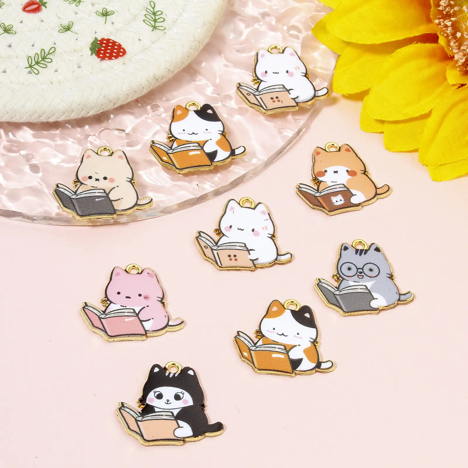 10 PCs Zinc Based Alloy Charms Gold Color Multicolor Book Cat Enamel For DIY Hademake Necklace Jewelry Findings 25mm x 22mm
