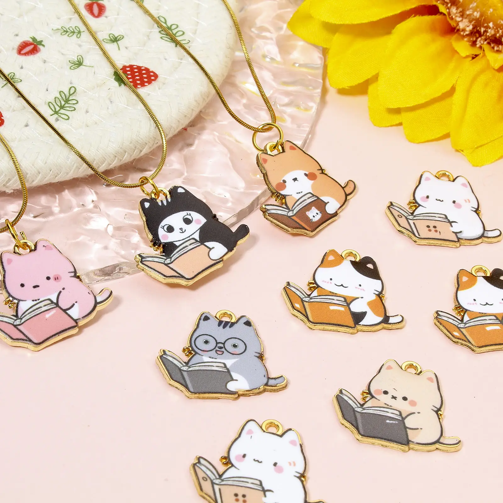 10 PCs Zinc Based Alloy Charms Gold Color Multicolor Book Cat Enamel For DIY Hademake Necklace Jewelry Findings 25mm x 22mm