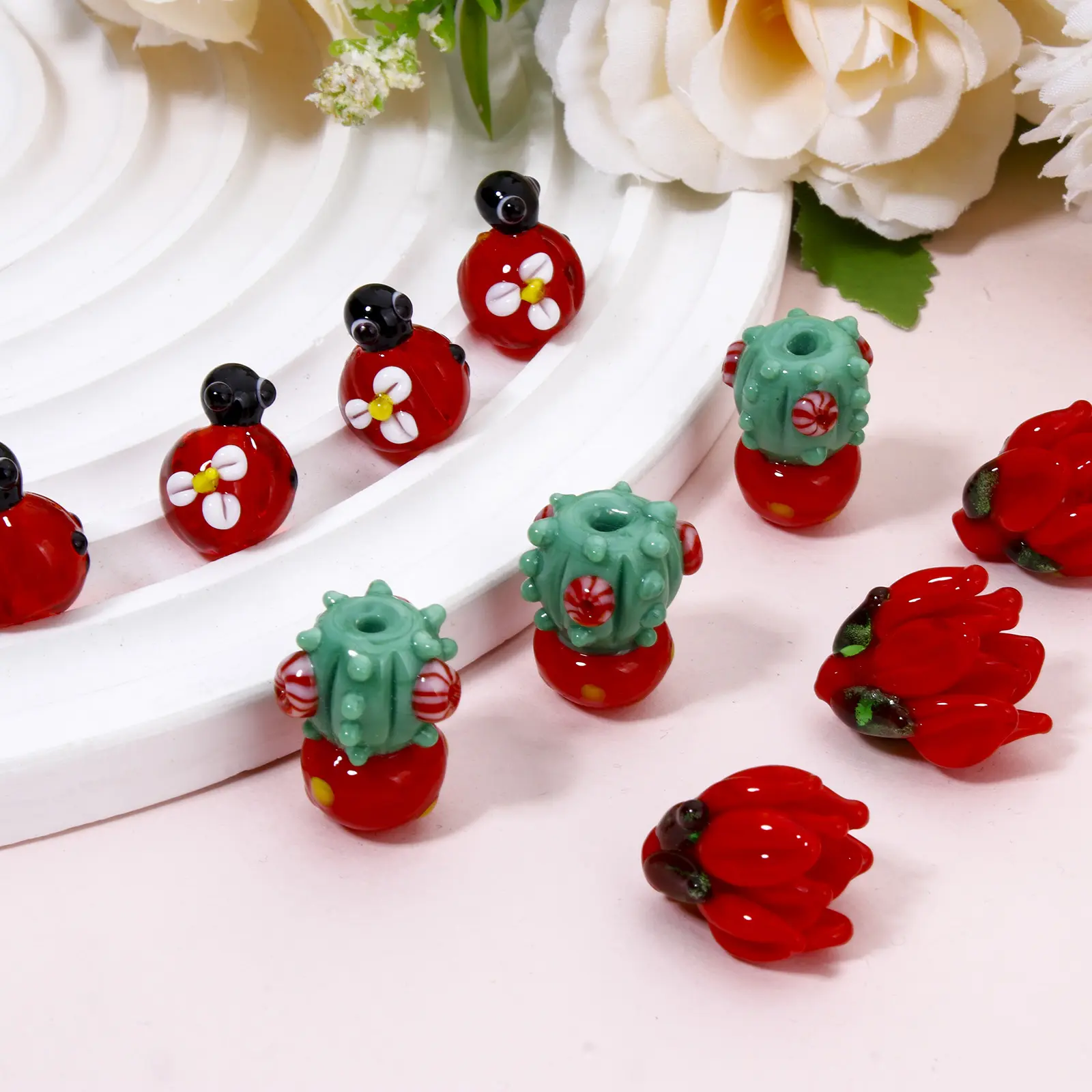 1 Piece 3D Lampwork Glass Beads Cactus Ladybird Flora Collection For DIY Jewelry Making Necklace Bracelets Jewelry Making