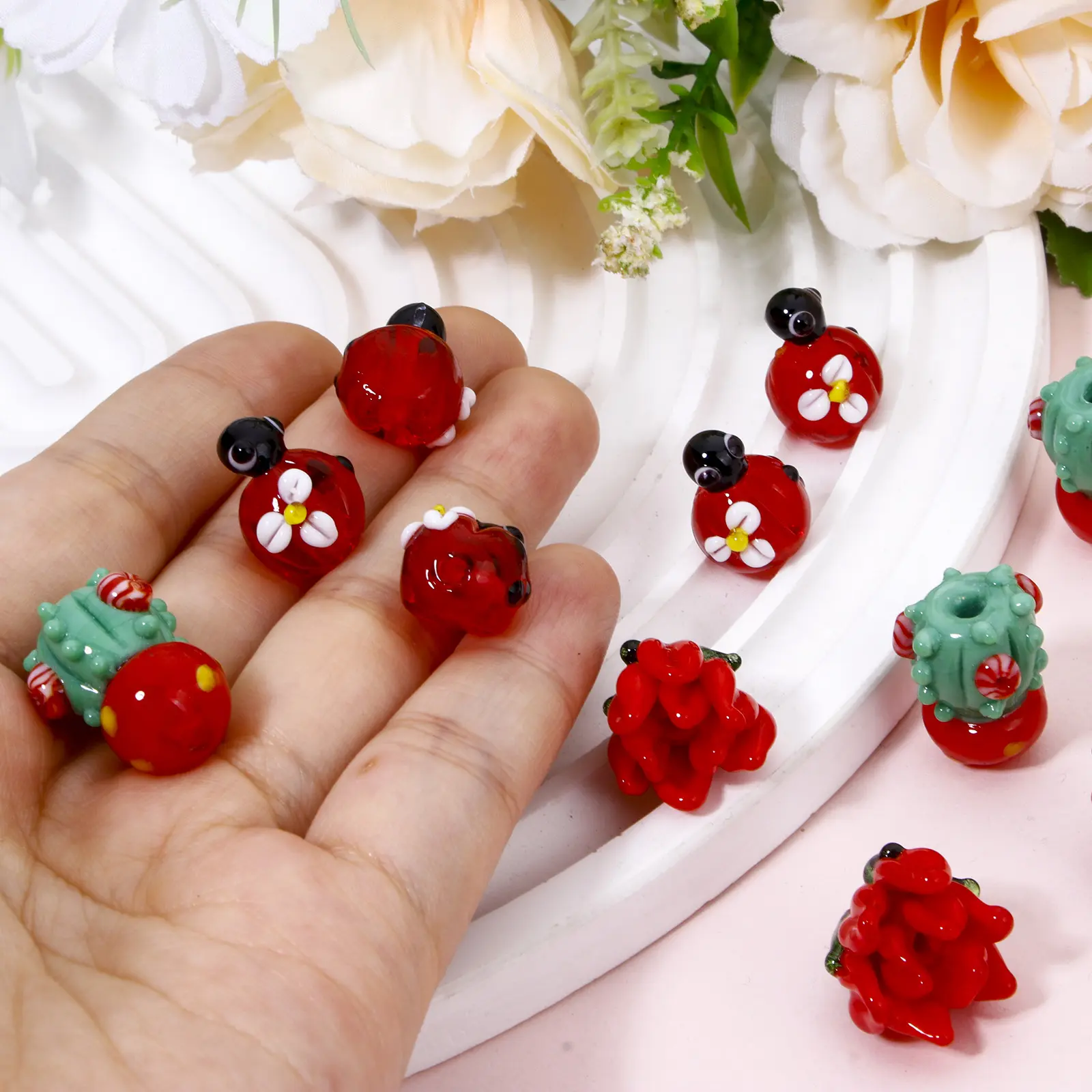 1 Piece 3D Lampwork Glass Beads Cactus Ladybird Flora Collection For DIY Jewelry Making Necklace Bracelets Jewelry Making