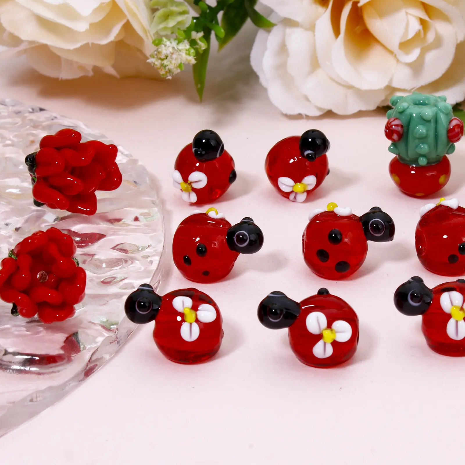 1 Piece 3D Lampwork Glass Beads Cactus Ladybird Flora Collection For DIY Jewelry Making Necklace Bracelets Jewelry Making