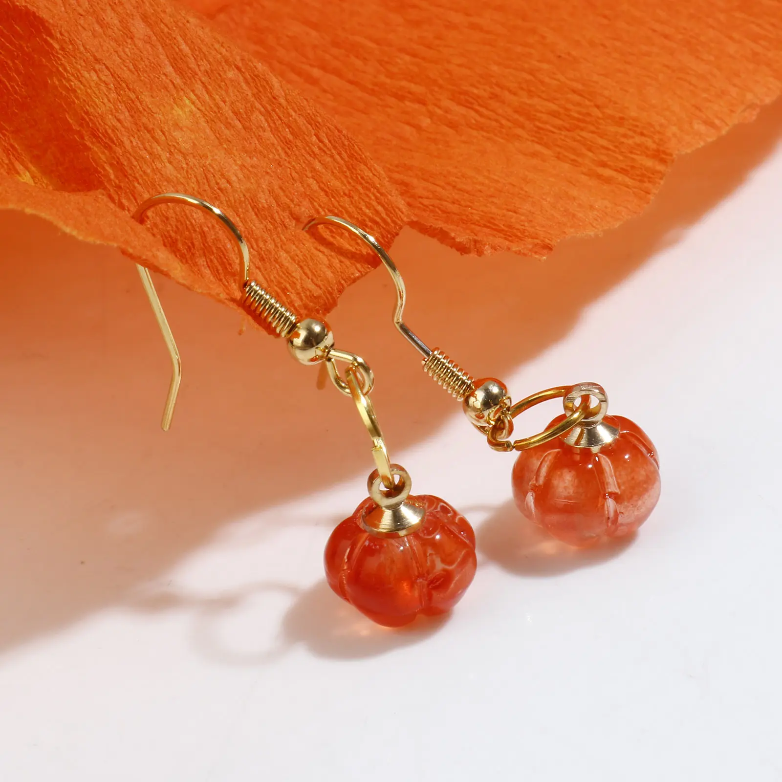 5PCs Lampwork Glass Halloween Charms Orange Pumpkin Metal Pendants DIY Necklace Earring For Jewelry Findings 11mmx10mm