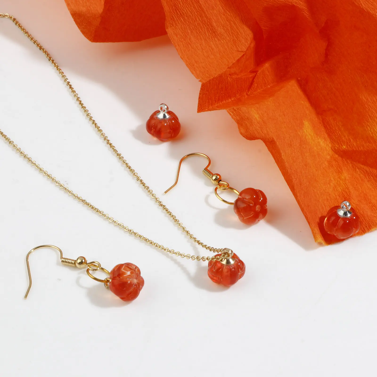 5PCs Lampwork Glass Halloween Charms Orange Pumpkin Metal Pendants DIY Necklace Earring For Jewelry Findings 11mmx10mm