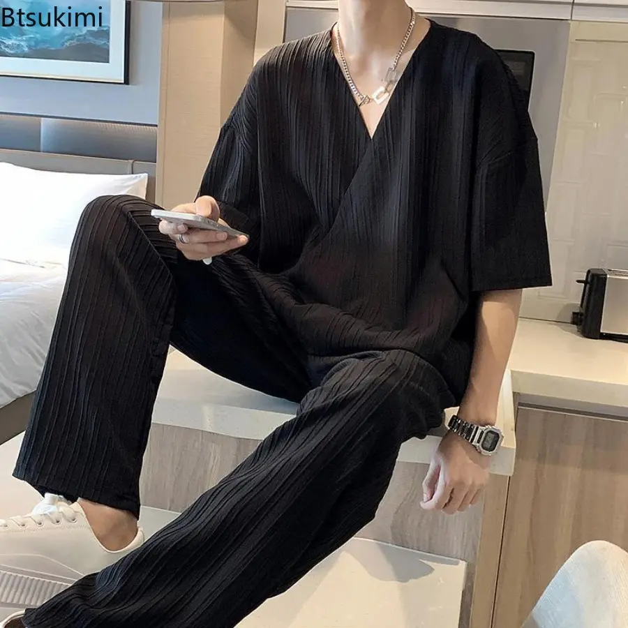 Men's Ice Silk Sports Sets Solid T-shirts Pants Suits Fashion Summer Clothes 2025 Trends Costumes Stylish Loose Set Oversized