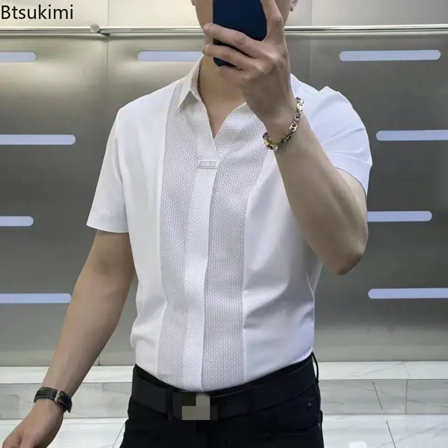 High-grade Light Luxury Men's Business Casual Shirts Patchwork Design Summer Short Sleeve Polo Shirt Men Slim Versatile T-shirts