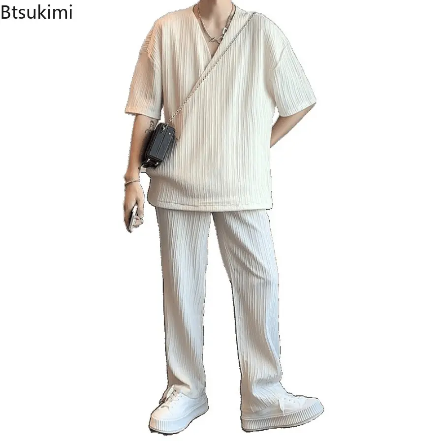 Men's Ice Silk Sports Sets Solid T-shirts Pants Suits Fashion Summer Clothes 2025 Trends Costumes Stylish Loose Set Oversized