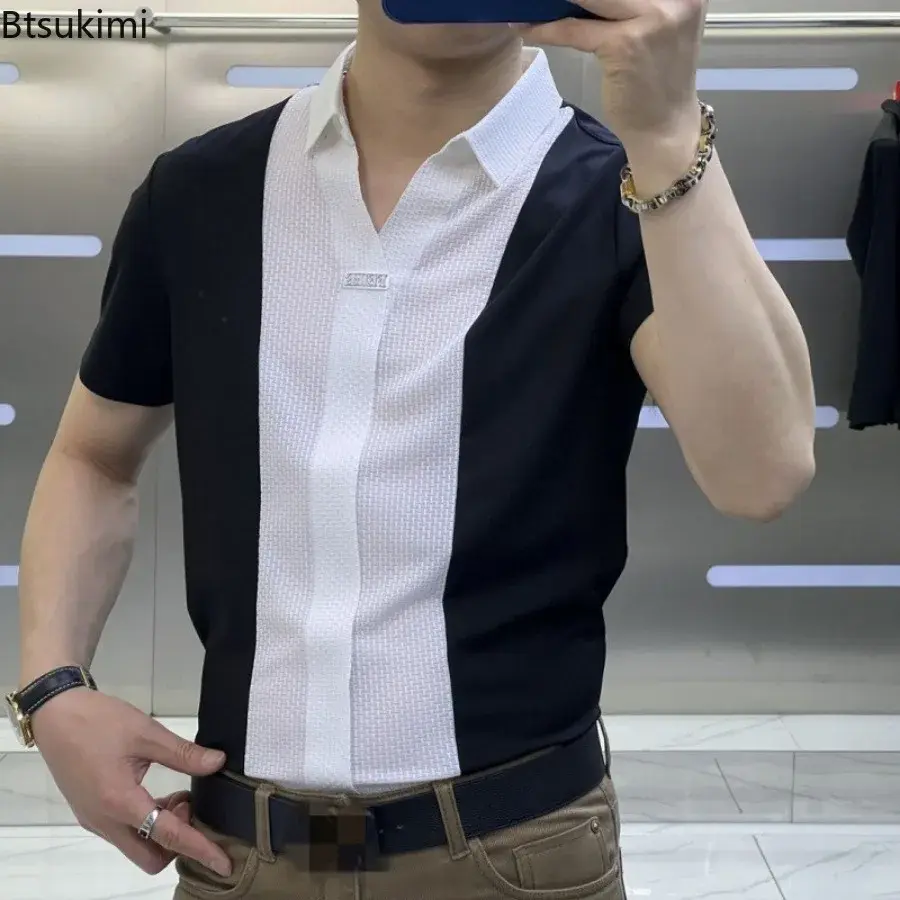 High-grade Light Luxury Men's Business Casual Shirts Patchwork Design Summer Short Sleeve Polo Shirt Men Slim Versatile T-shirts