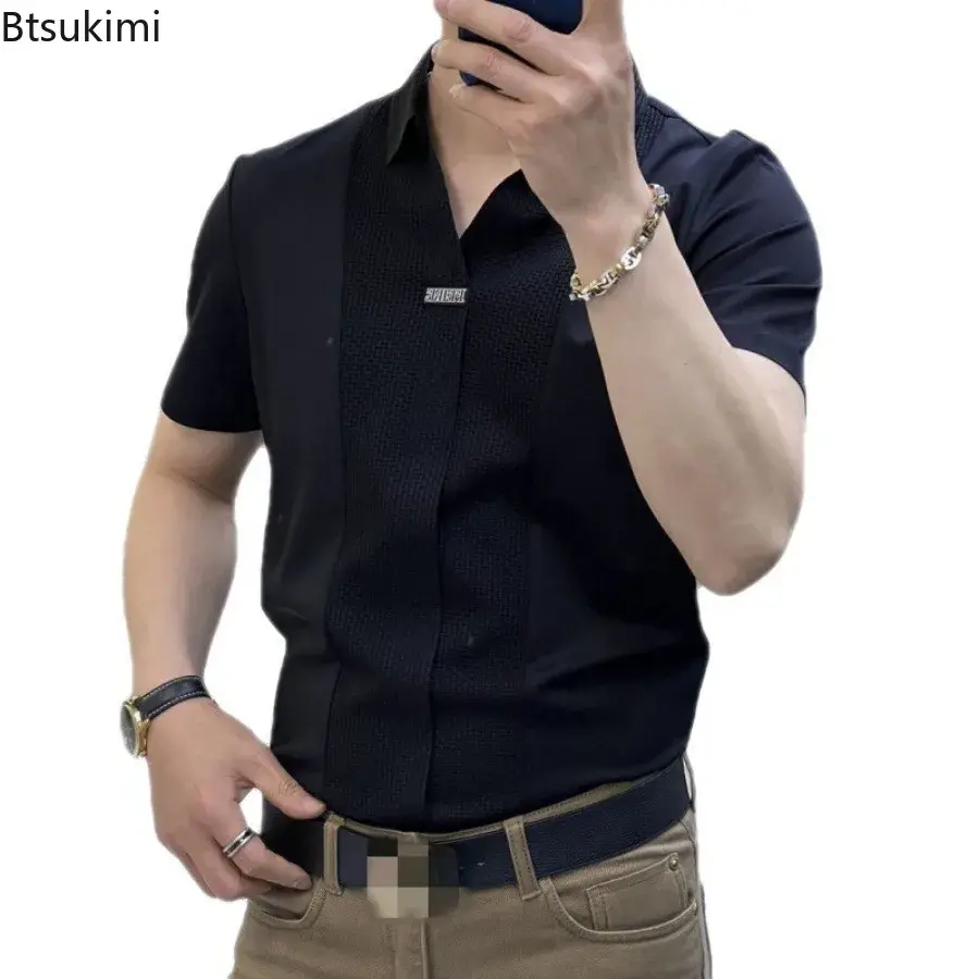 High-grade Light Luxury Men's Business Casual Shirts Patchwork Design Summer Short Sleeve Polo Shirt Men Slim Versatile T-shirts