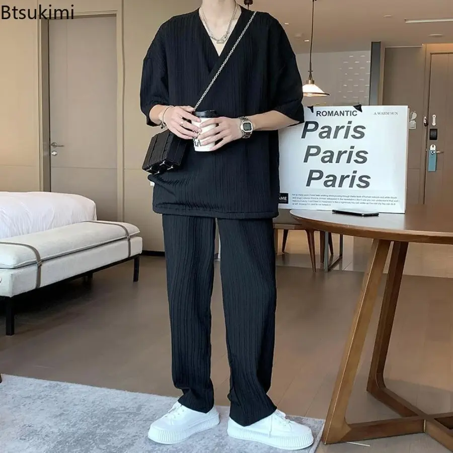 Men's Ice Silk Sports Sets Solid T-shirts Pants Suits Fashion Summer Clothes 2025 Trends Costumes Stylish Loose Set Oversized