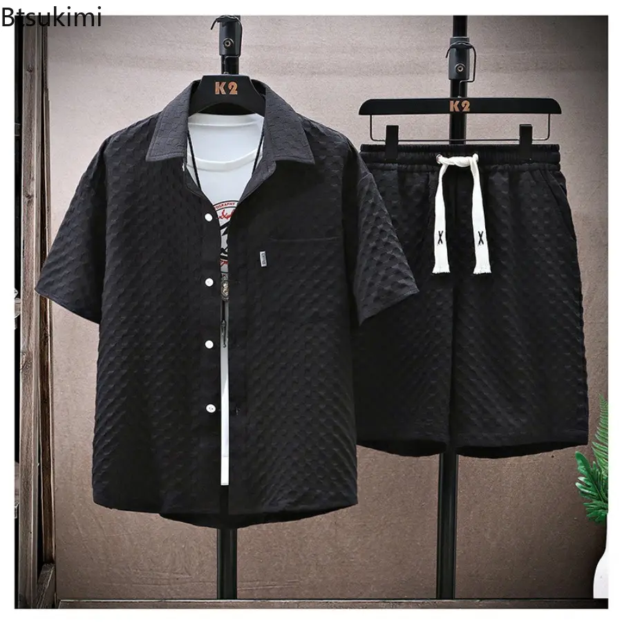 New Summer Casual Korean Short-sleeved Ruffle Shirt and Handsome Trendy Shorts with Two-piece Set of Youth Men's Casual Clothing