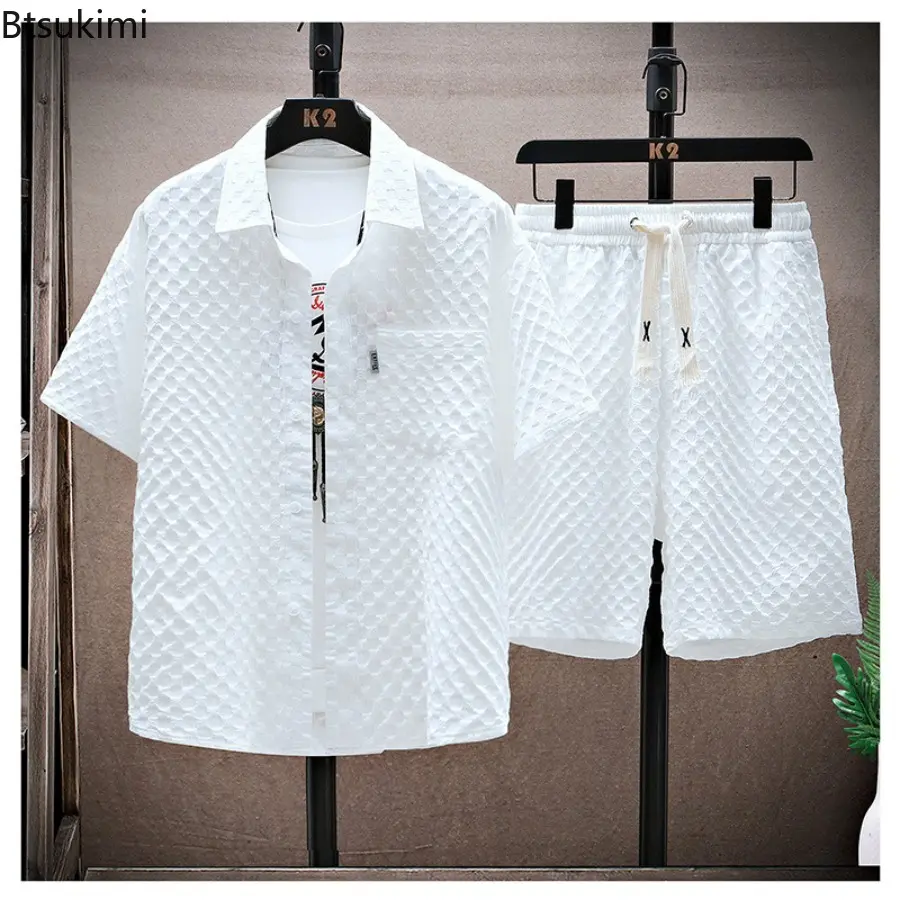 New Summer Casual Korean Short-sleeved Ruffle Shirt and Handsome Trendy Shorts with Two-piece Set of Youth Men's Casual Clothing