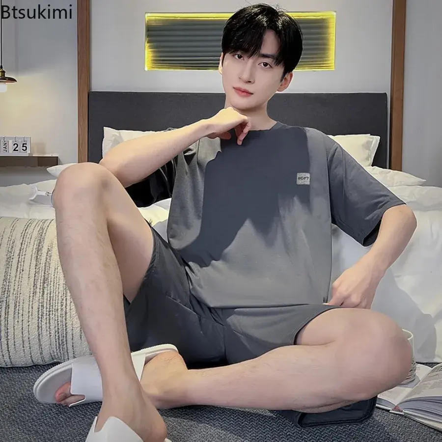 2025 Men's Simple Casual Thin Style Cotton Pajamas Sets Summer Fashion Striped Printed Comfortable Home Wear Men Sleepwear Youth