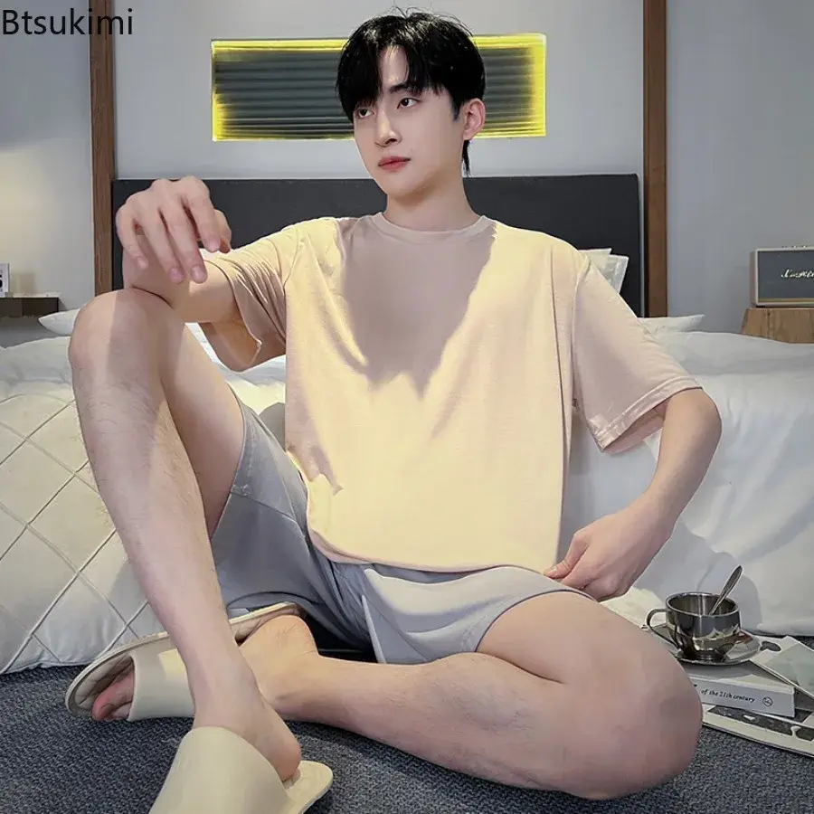 2025 Men's Simple Casual Thin Style Cotton Pajamas Sets Summer Fashion Striped Printed Comfortable Home Wear Men Sleepwear Youth