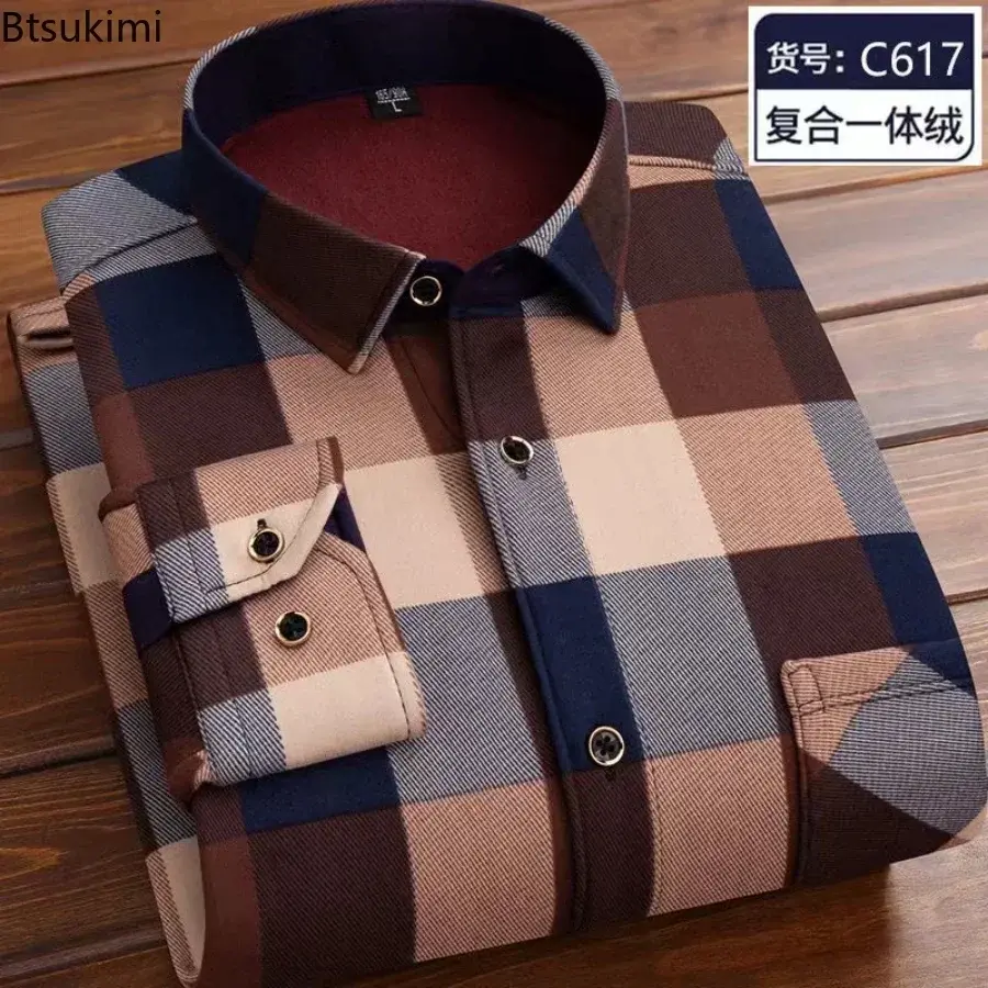 2024 Hot Sale High Quality Warm Shirts for Men Fashion Plaid Print Fleece Long Sleeve Thick Shirt Men Retro Casual Social Blouse