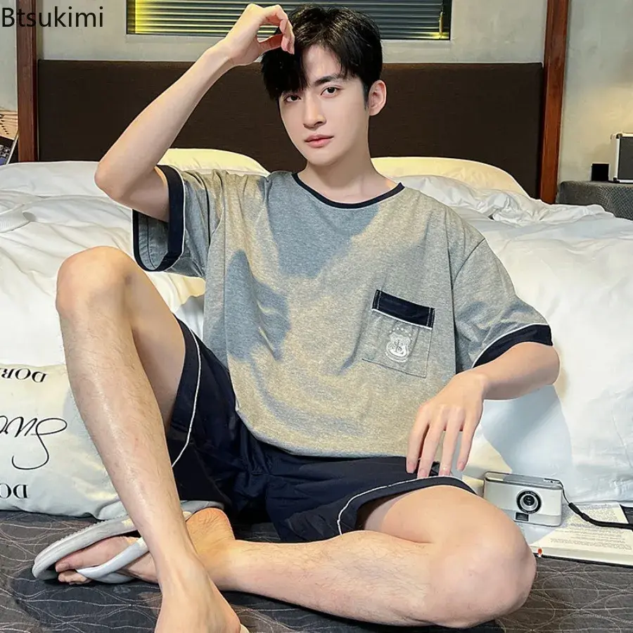 2025 Men's Simple Casual Thin Style Cotton Pajamas Sets Summer Fashion Striped Printed Comfortable Home Wear Men Sleepwear Youth