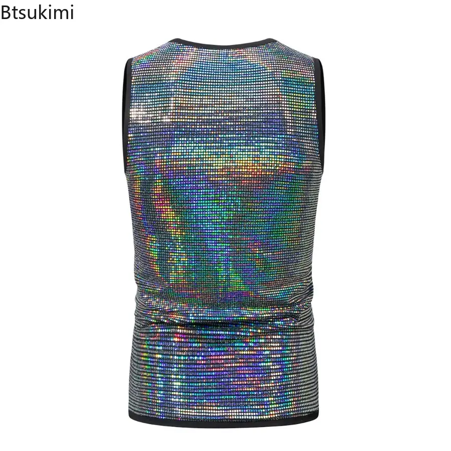 Fashion New Men's Shiny Sequins Tank Tops Vintage Sleeveless Round Neck T-shirt Men Hip Hop Streetwear Summer Casual Simple Tees