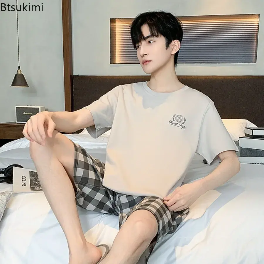 2025 Men's Simple Casual Thin Style Cotton Pajamas Sets Summer Fashion Striped Printed Comfortable Home Wear Men Sleepwear Youth