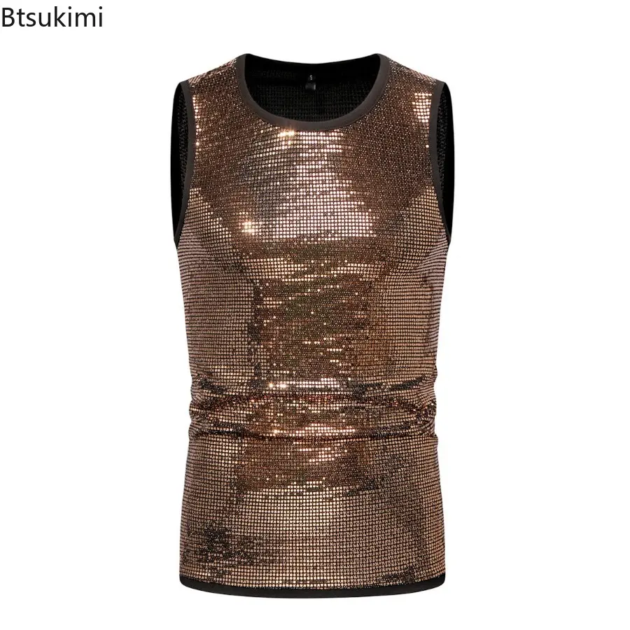 Fashion New Men's Shiny Sequins Tank Tops Vintage Sleeveless Round Neck T-shirt Men Hip Hop Streetwear Summer Casual Simple Tees