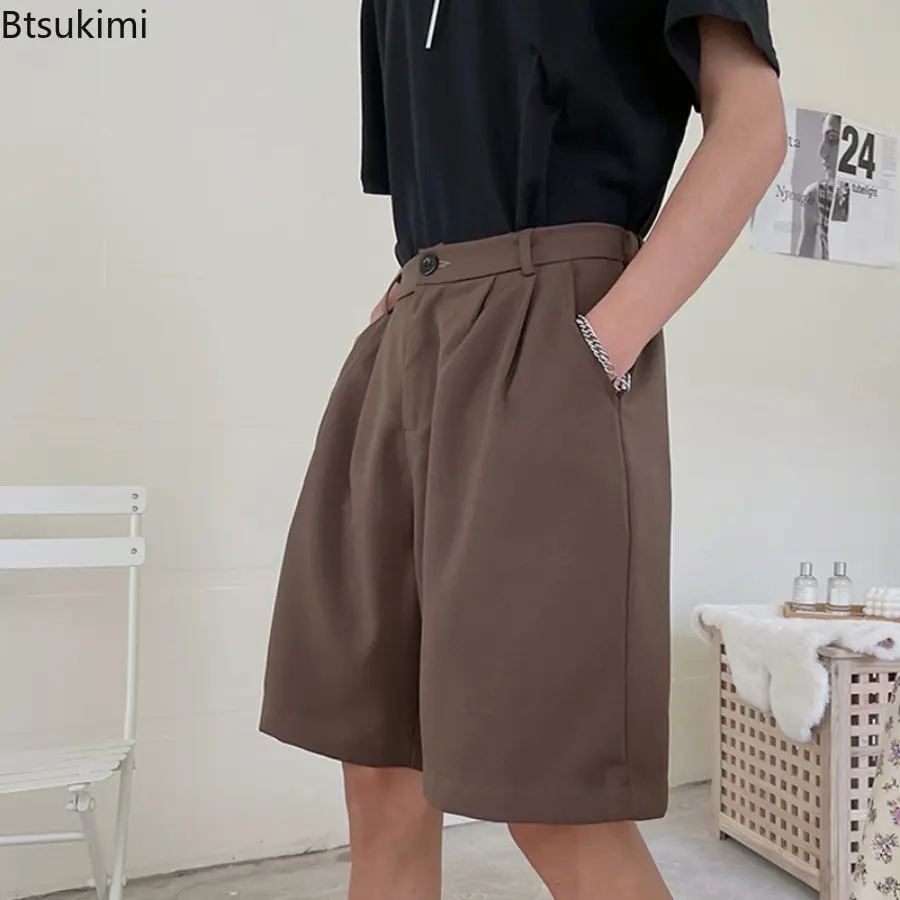 Summer British Style Suit Shorts Men's Casual Loose Wide Leg Long Shorts Fashionable and Trendy Male Casual Five Quarter Pants